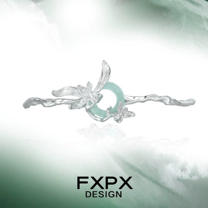 FXPX silver iris flower bracelet featuring elegant design with silver and green accents