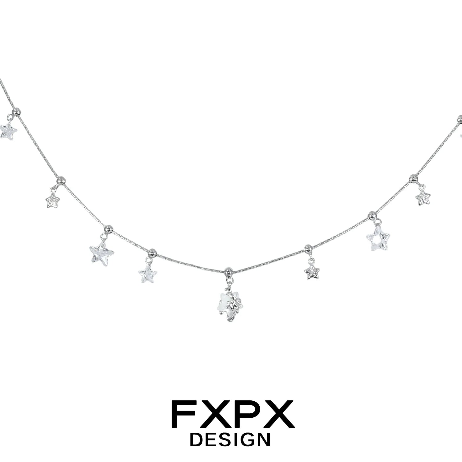 Elegant FXPX silver star necklace featuring dangling star charms on a delicate chain