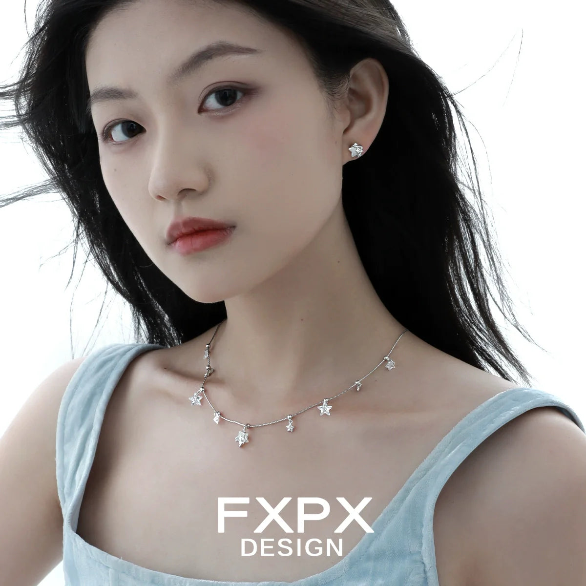 Stylish FXPX silver star necklace featuring delicate star charms for a chic look