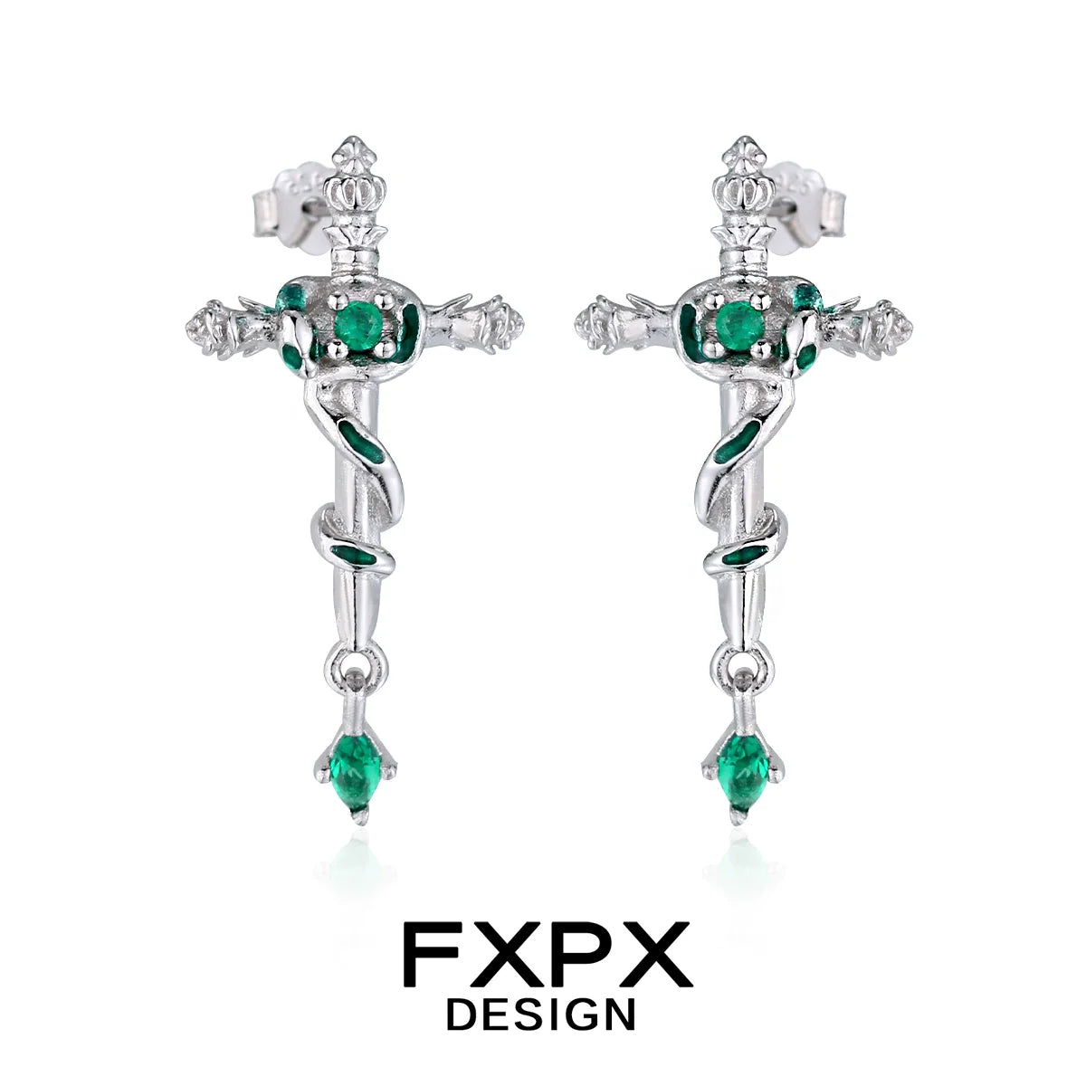 FXPX Snake Cross Earrings with Emerald Accents and Intricate Silver Design