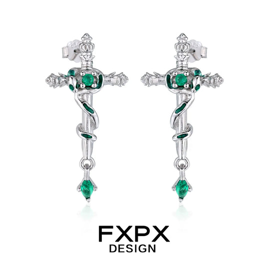 FXPX Snake Cross Earrings with Emerald Accents and Intricate Silver Design