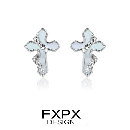 FXPX snake wrap cross earrings in silver with intricate detailing and shiny finish