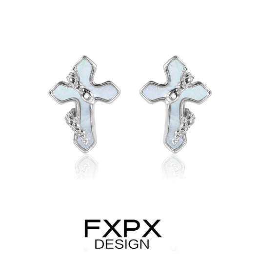 FXPX snake wrap cross earrings in silver with intricate detailing and shiny finish