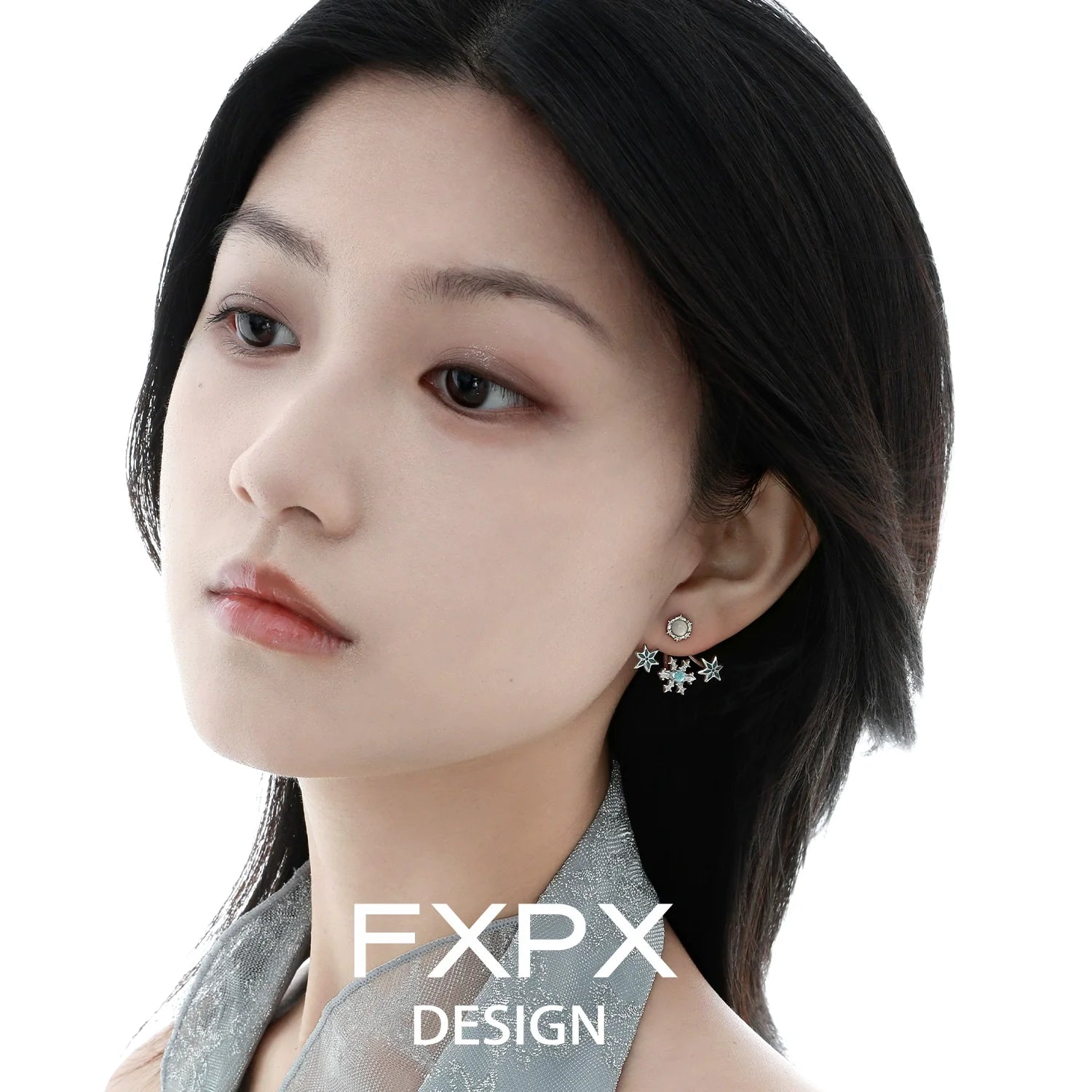 Elegant FXPX snowflake agate stud earrings featuring sparkling gemstones for a sophisticated look