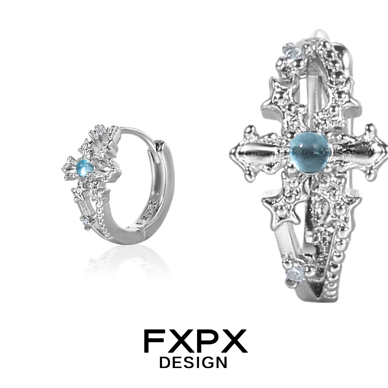 FXPX snowflake cross earrings with intricate design and blue gemstone accents