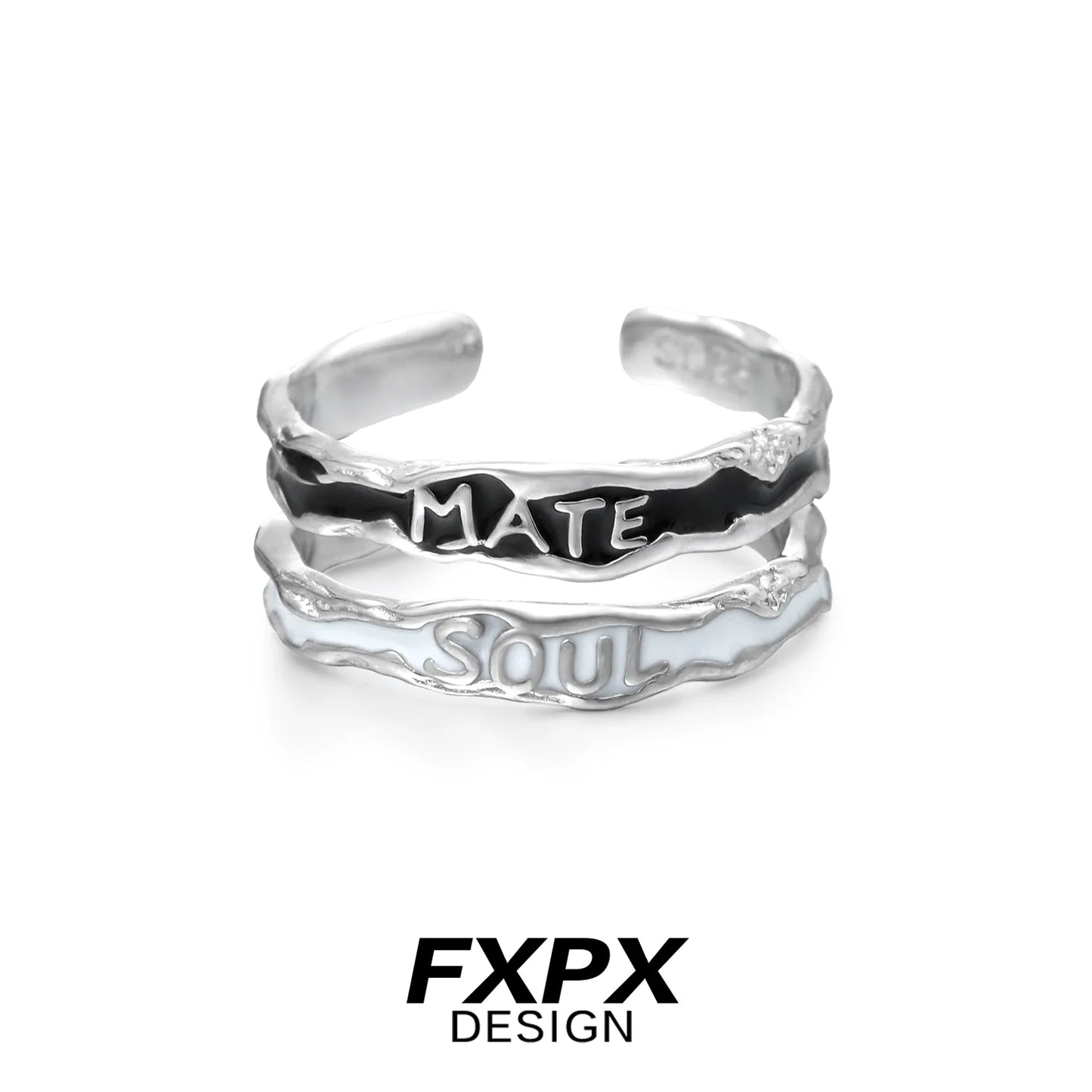 FXPX soulmate engraved ring in silver featuring 'Soul' and 'Mate' designs for a unique accessory