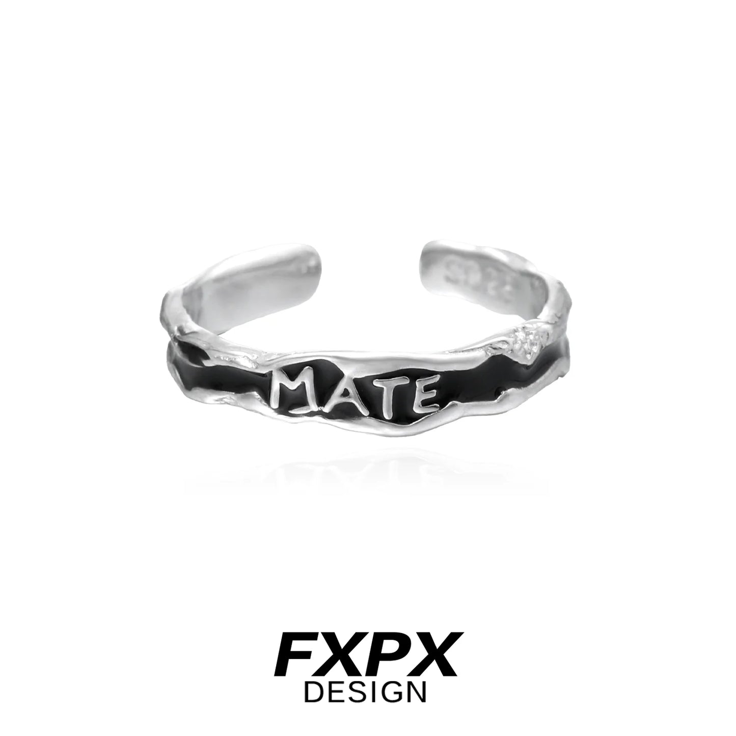 FXPX soulmate engraved ring in silver with a unique twisted design and bold 'MATE' inscription