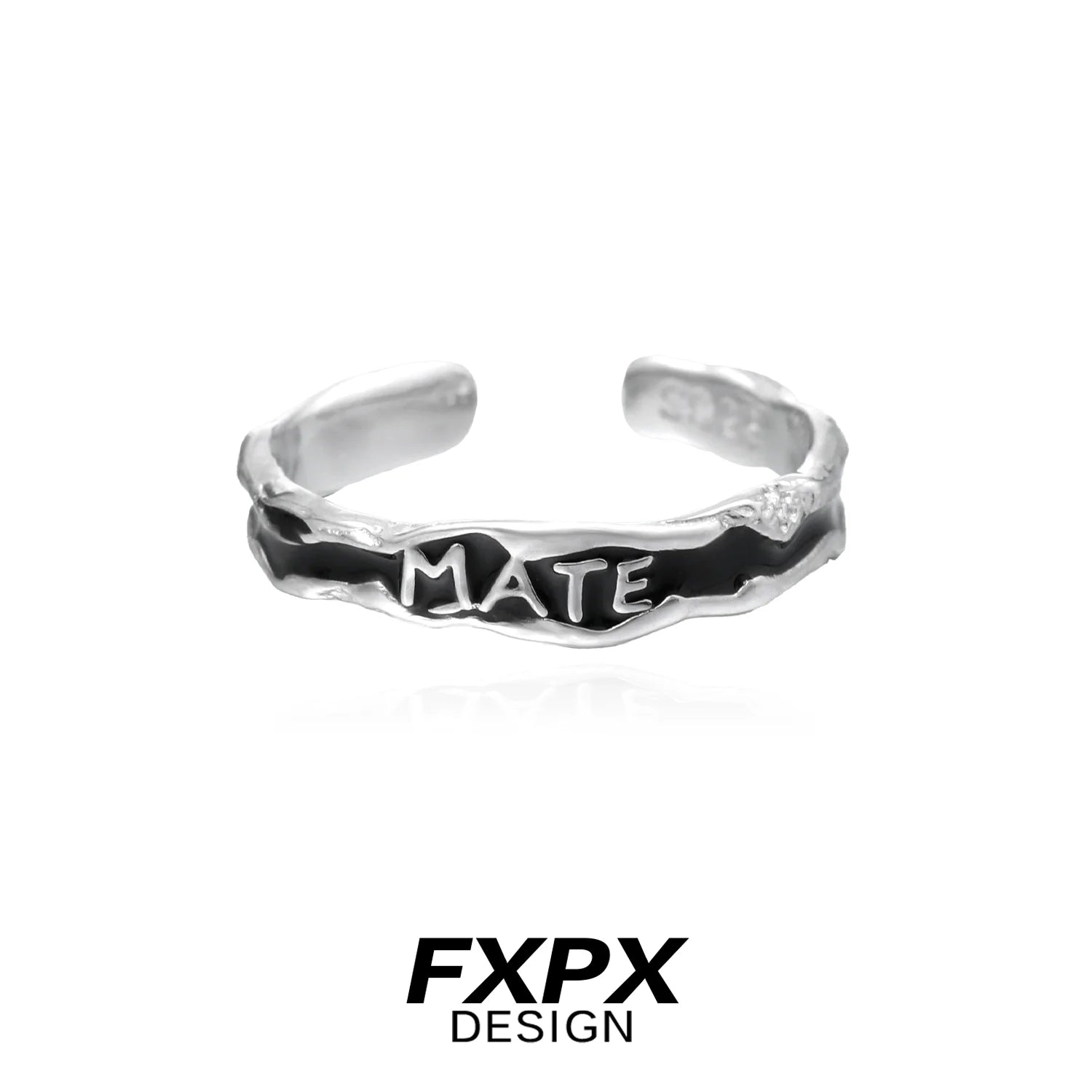 FXPX soulmate engraved ring in silver with a unique twisted design and bold 'MATE' inscription