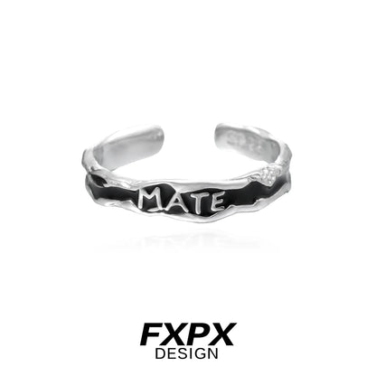 FXPX soulmate engraved ring in silver with a unique twisted design and bold 'MATE' inscription