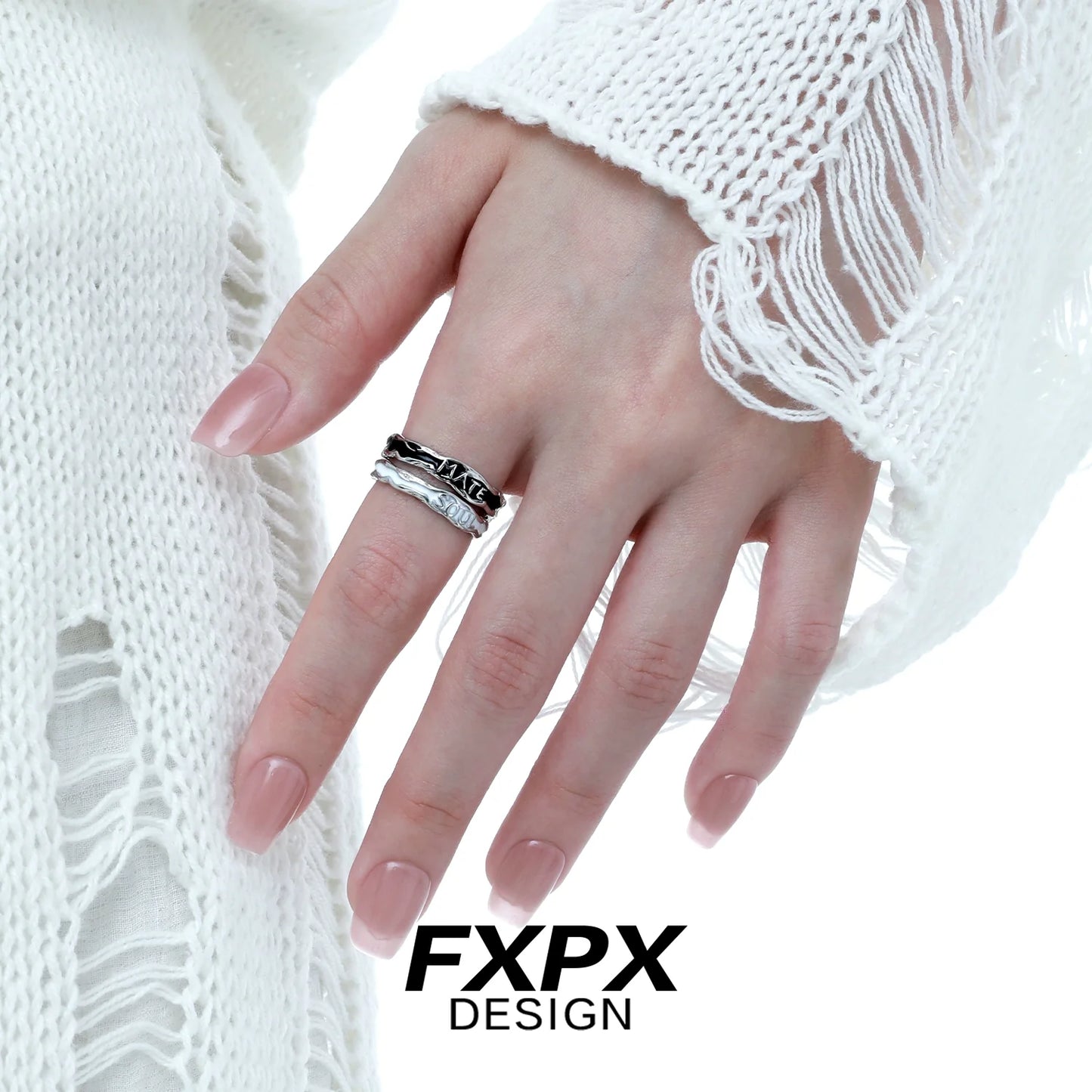FXPX soulmate engraved ring shown on a woman's hand, featuring a stylish and meaningful design