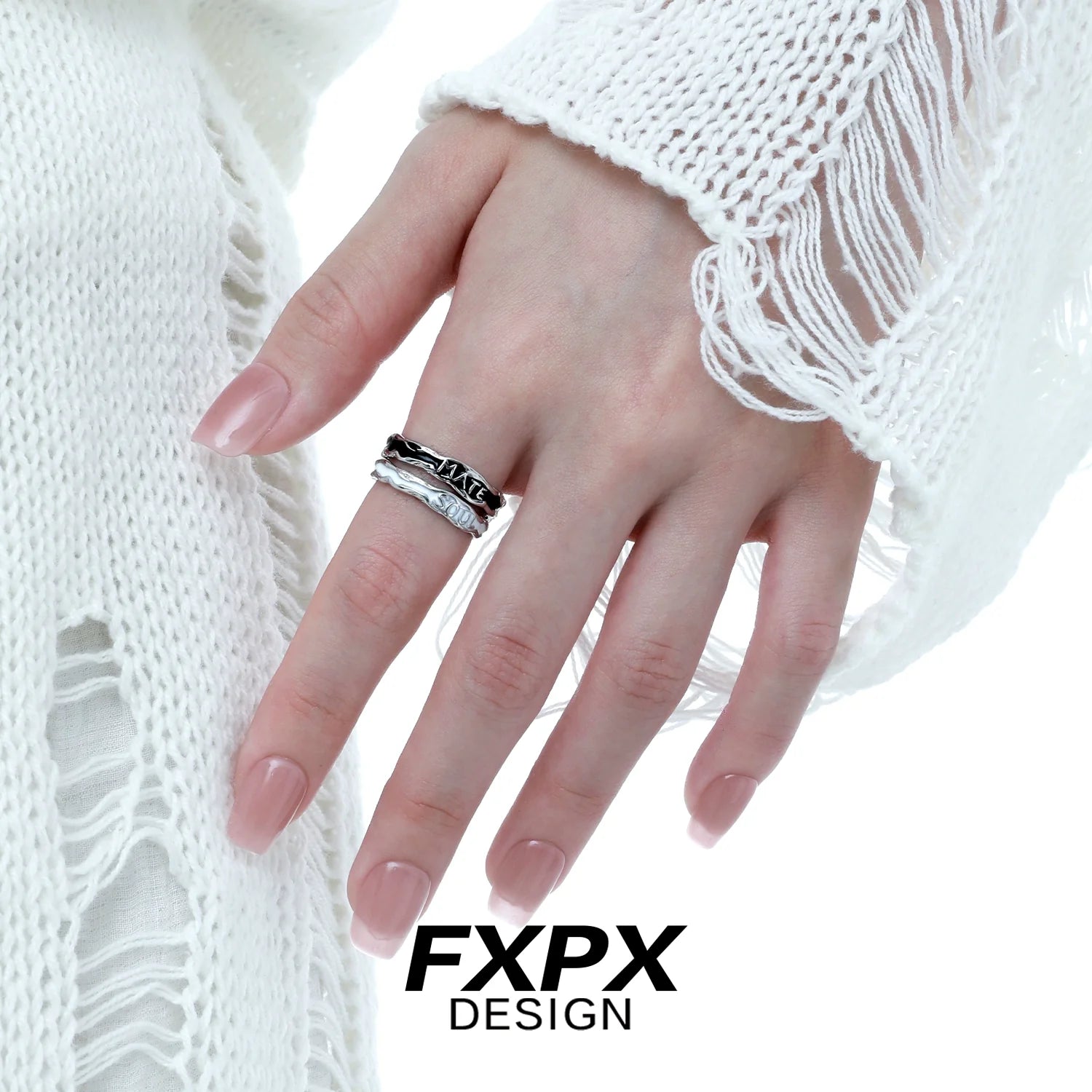 FXPX soulmate engraved ring shown on a woman's hand, featuring a stylish and meaningful design