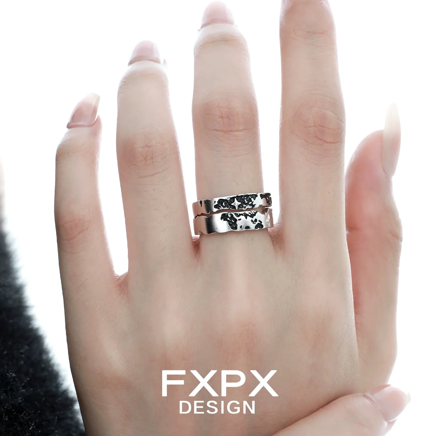 FXPX star puzzle couple rings in silver with intricate design for matching lovers' jewelry