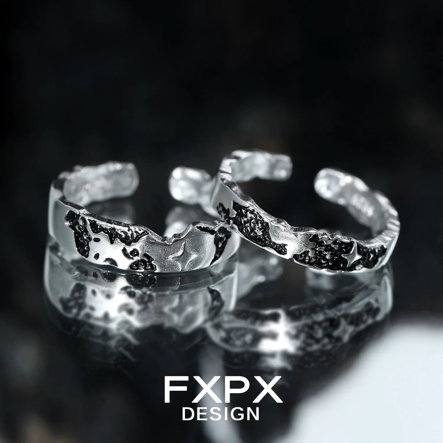 FXPX star puzzle couple rings in silver with unique textured design for romantic partners