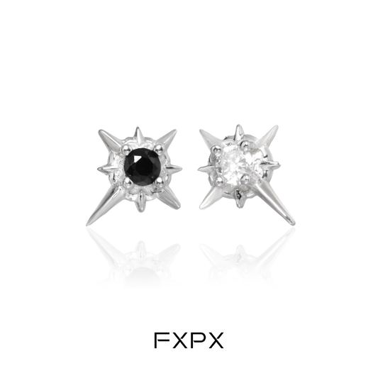 FXPX star stud earrings in silver with black and clear gems for a stylish look