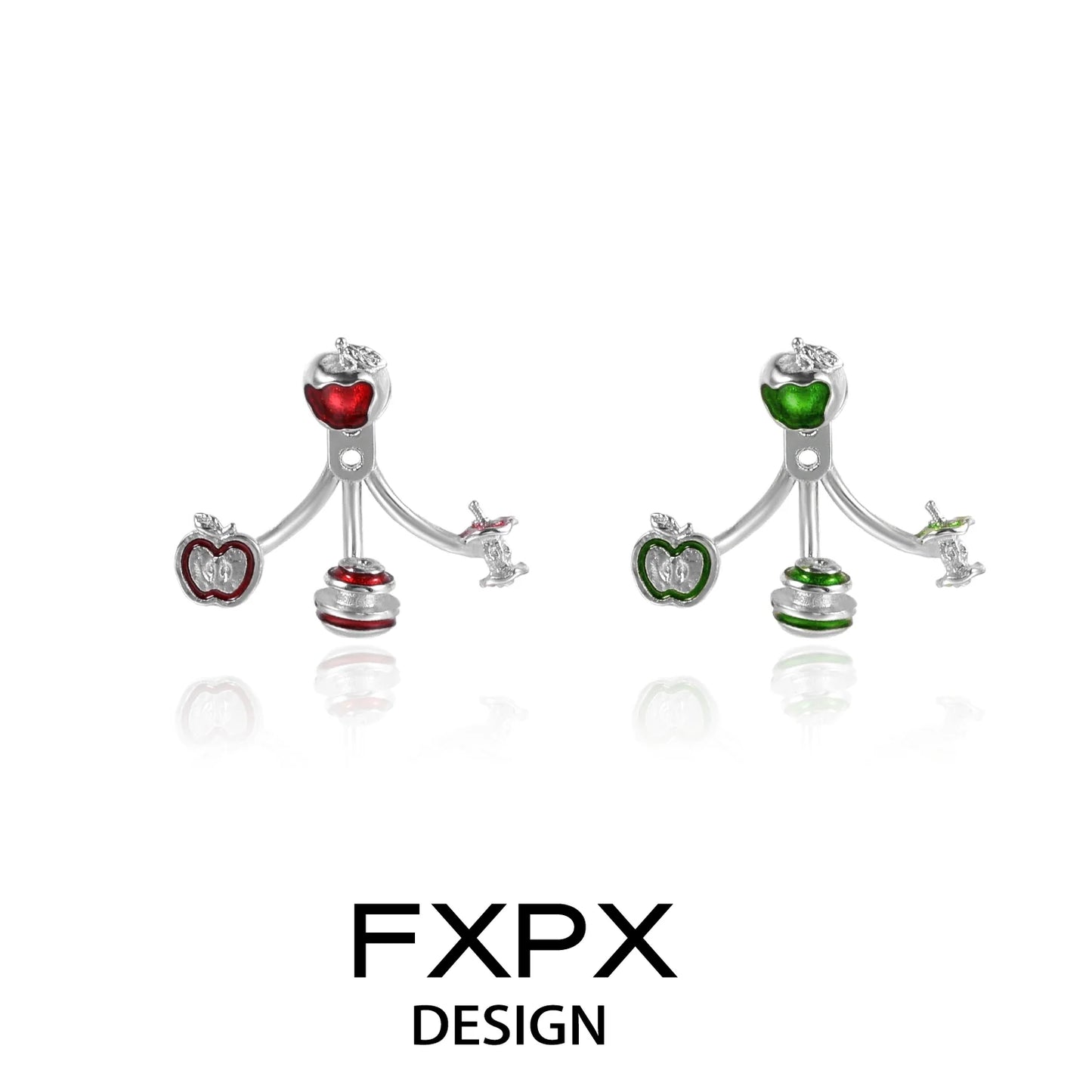 FXPX sweet apple silver earrings featuring red and green apple designs with a polished finish