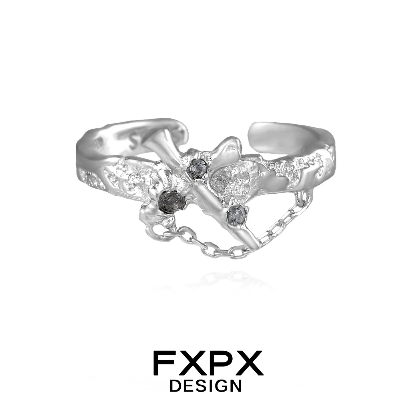 FXPX sword cross ring featuring intricate design with gemstones and a chain detail