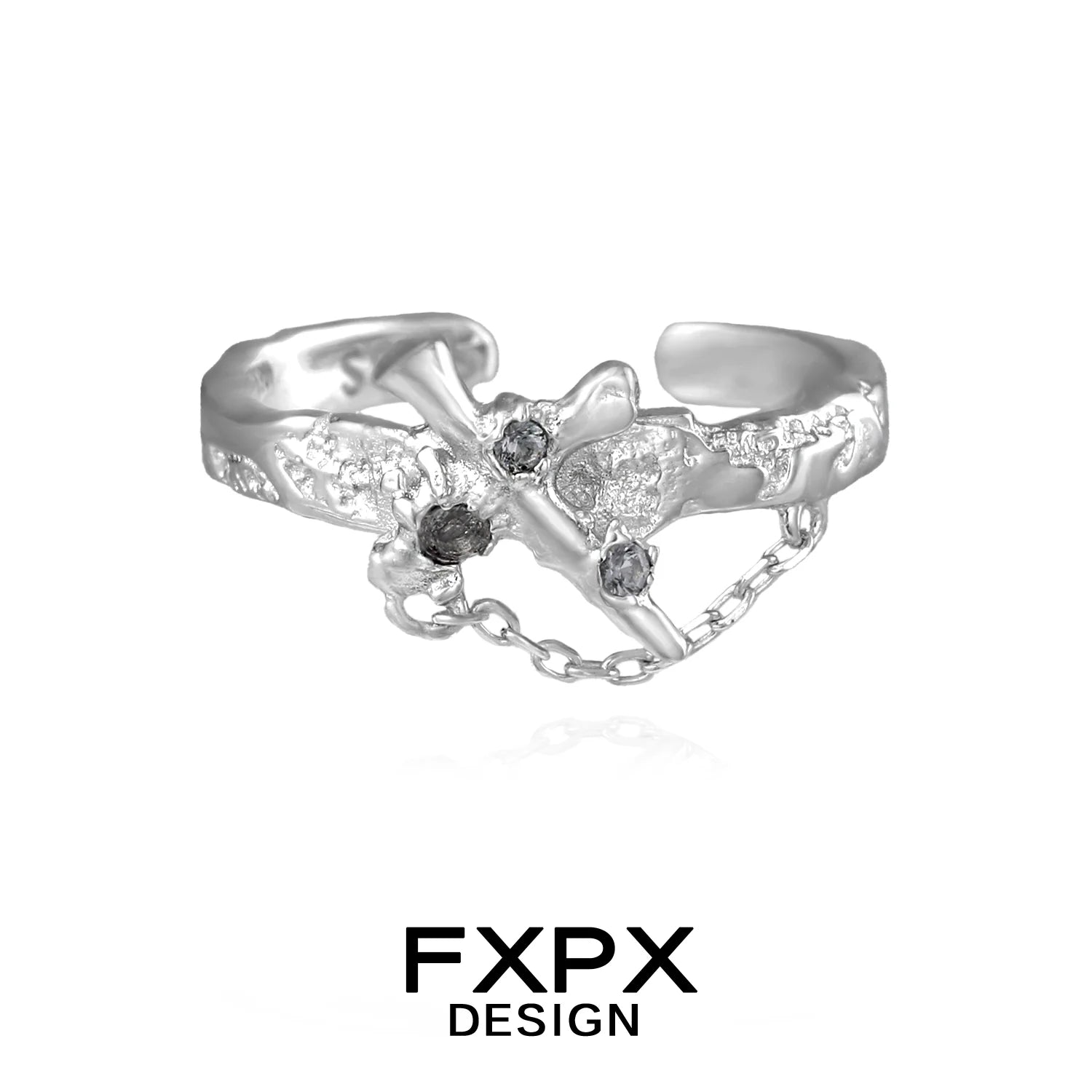 FXPX sword cross ring featuring intricate design with gemstones and a chain detail