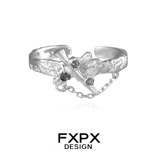 FXPX silver sword cross ring featuring intricate design and decorative stones