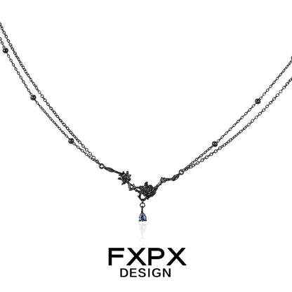 FXPX Tanzanian blue black rose necklace featuring intricate design and elegant black chain