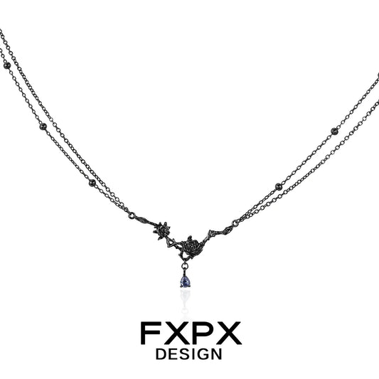 Elegant FXPX Tanzanian blue black rose necklace with layered chains and a dangling charm