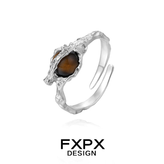 Unique FXPX tiger eye ring for women in silver, designed with a natural stone centerpiece