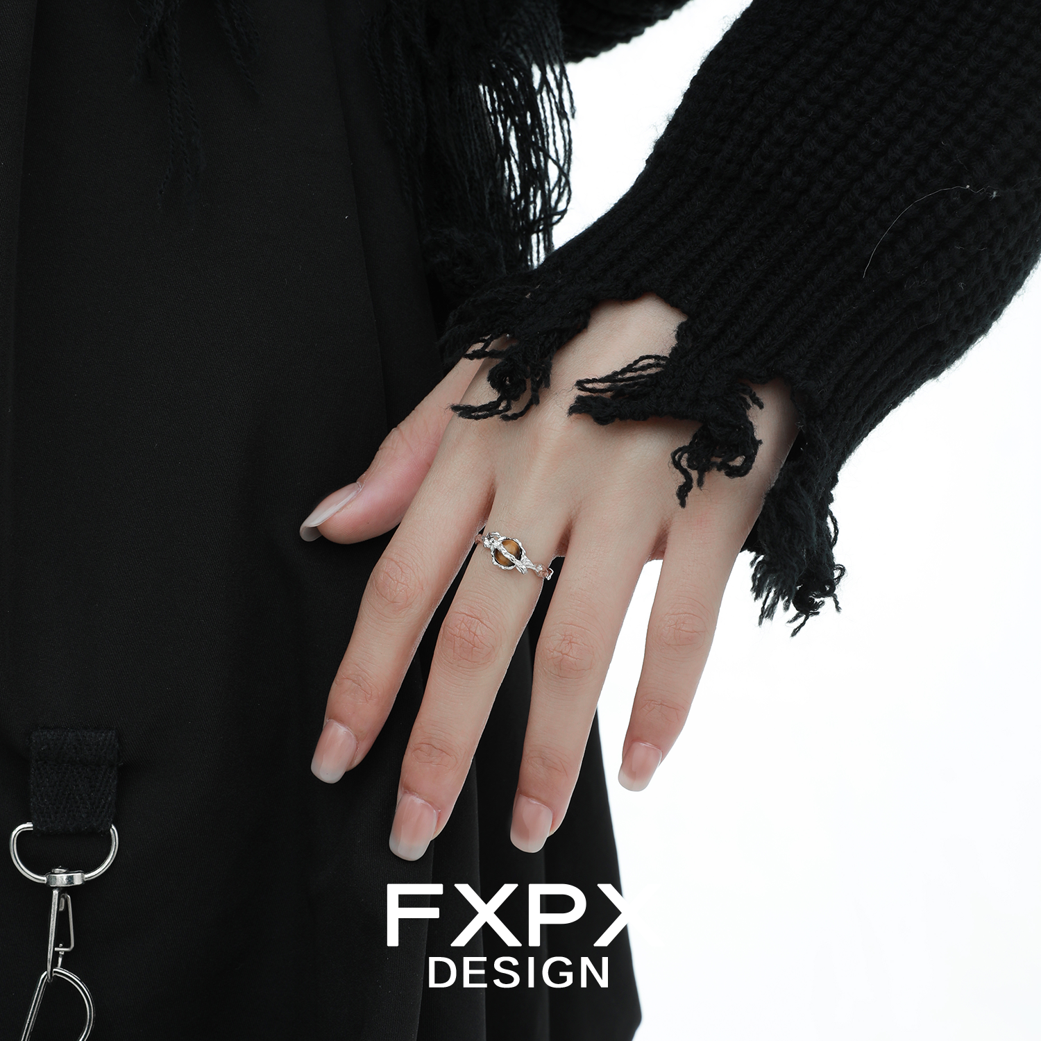 Stylish FXPX Tiger Eye Ring for Women Worn on Hand with Black Sweater