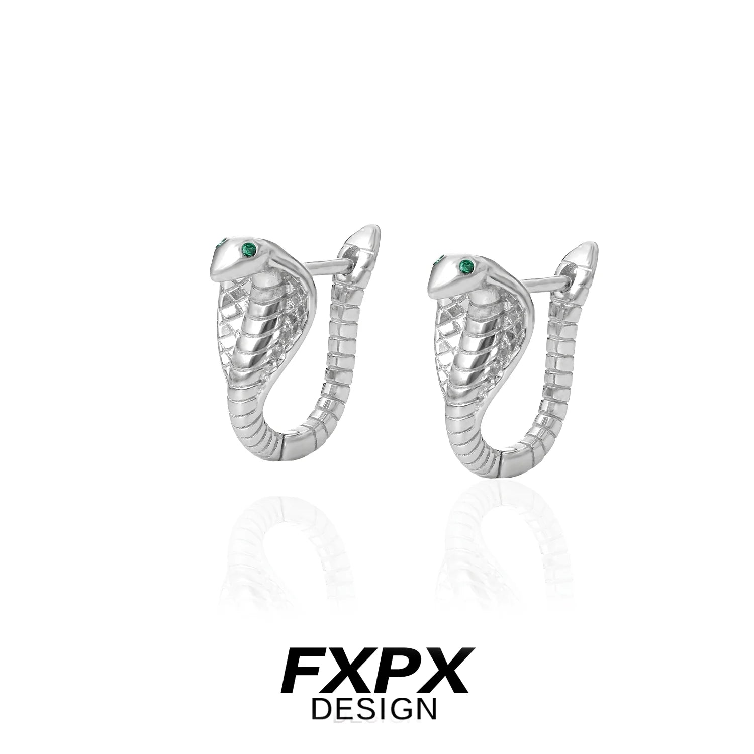 FXPX unique serpent earrings for women in silver with emerald green accents