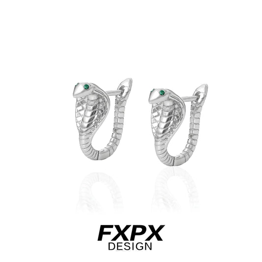 FXPX unique serpent earrings for women in silver with emerald green accents