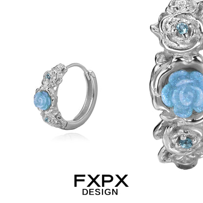 FXPX Vintage Blue Rose Earrings with Floral Design and Sparkling Accents