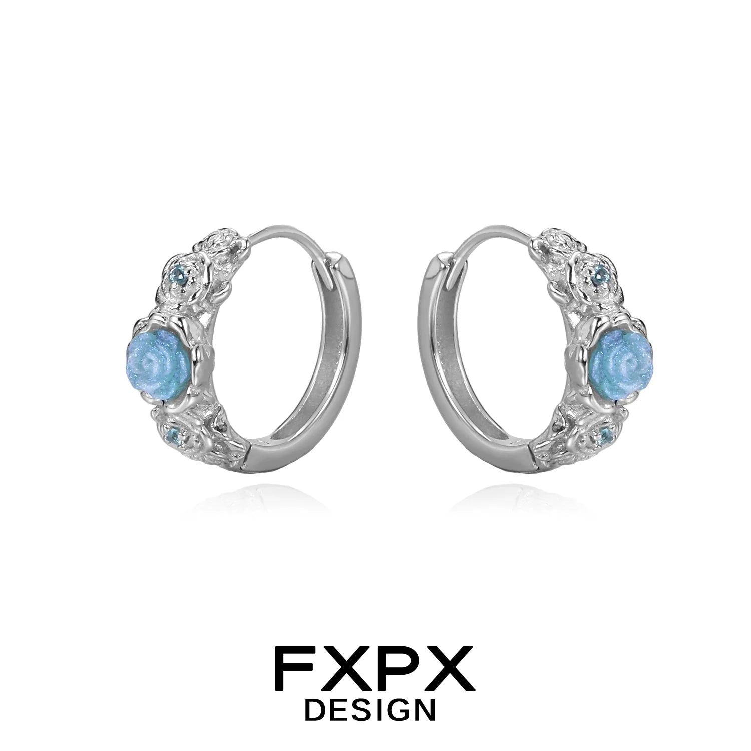 Elegant FXPX vintage blue rose earrings with floral design and sparkling accents