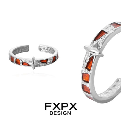 FXPX vintage checkerboard star ring in silver with orange and red accents for a unique, stylish look