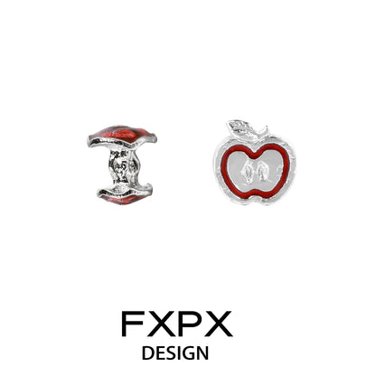 FXPX Y2K apple earrings featuring a glossy apple and bite design in silver and red