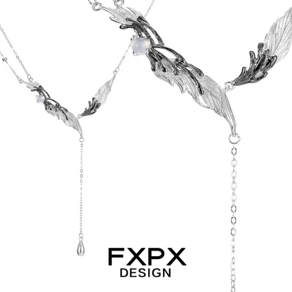 FXPX Y2K black feather necklace featuring elegant feather designs and delicate pearl accents