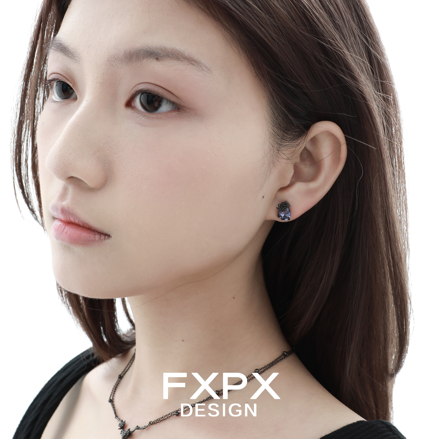Model wearing Y2K blue rose earrings showcasing vintage-inspired floral design and elegant style