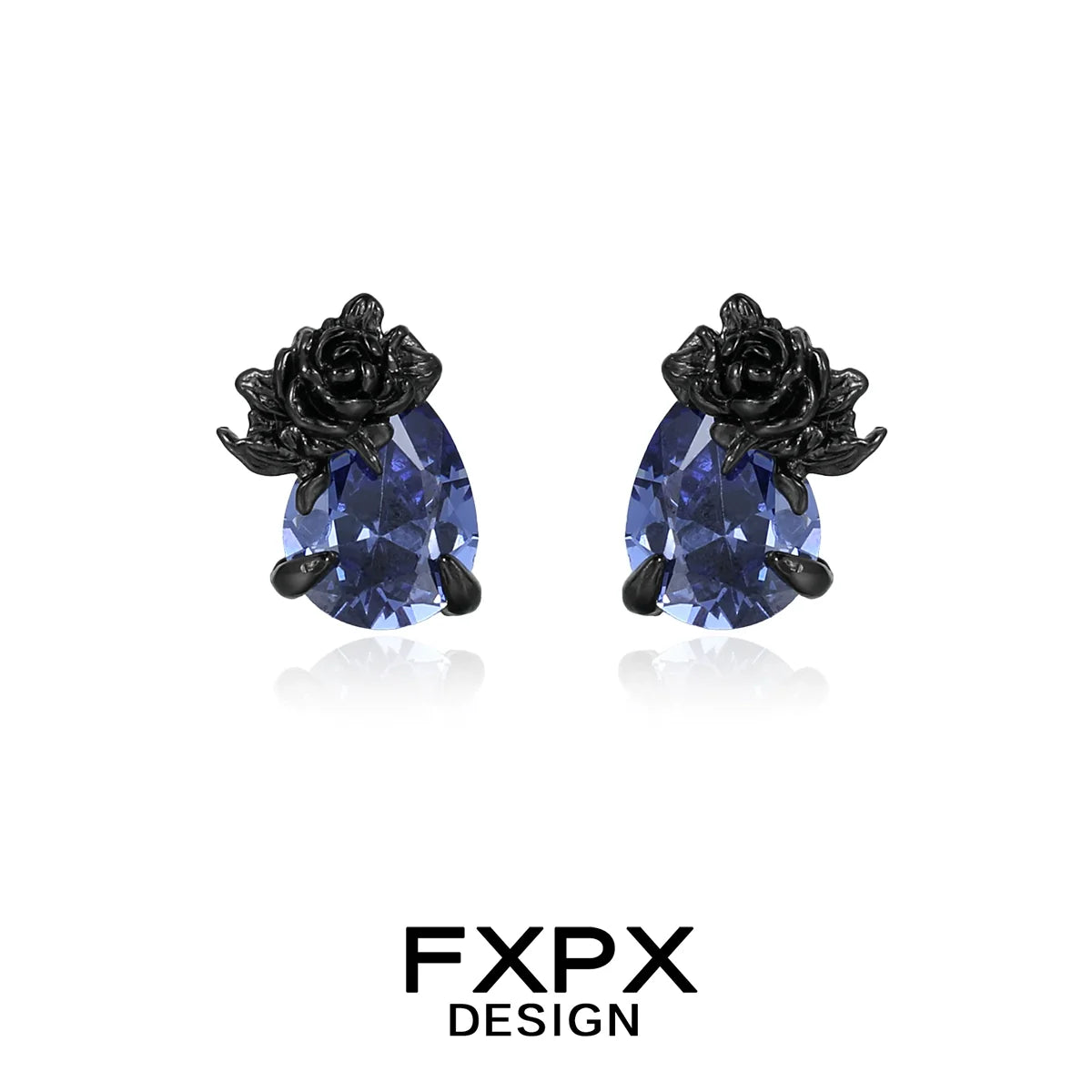 FXPX Y2K blue rose earrings featuring a black rose design and teardrop gemstones