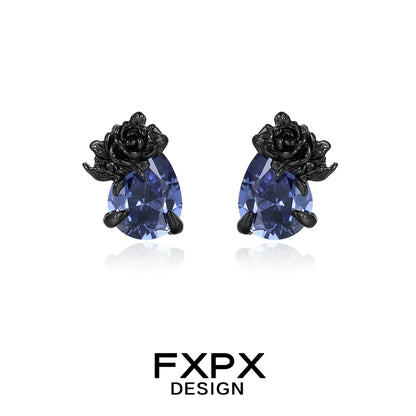 FXPX Y2K blue rose earrings featuring a black rose design and teardrop gemstones