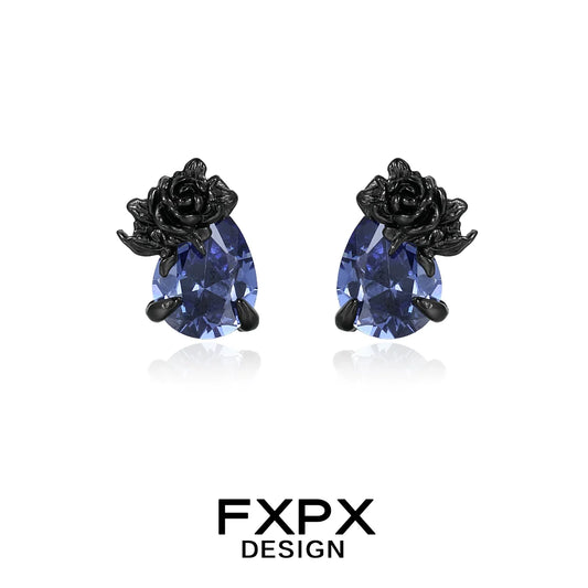 FXPX Y2K blue rose earrings featuring a unique black rose design and sparkling blue stones