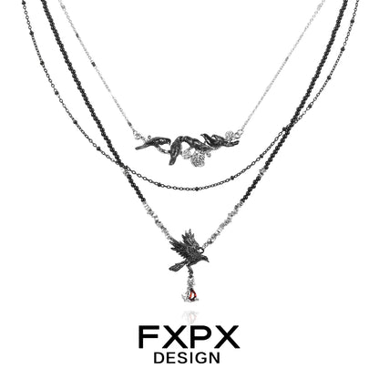 FXPX Y2K crow pendant necklace featuring layered chains and intricate design elements