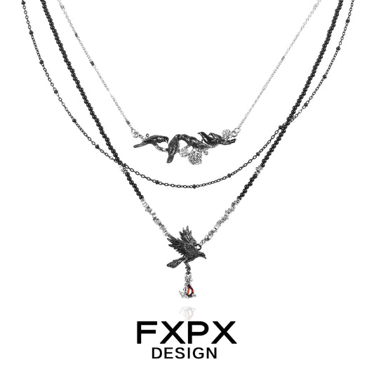 FXPX Y2K crow pendant necklace featuring layered chains and intricate design elements