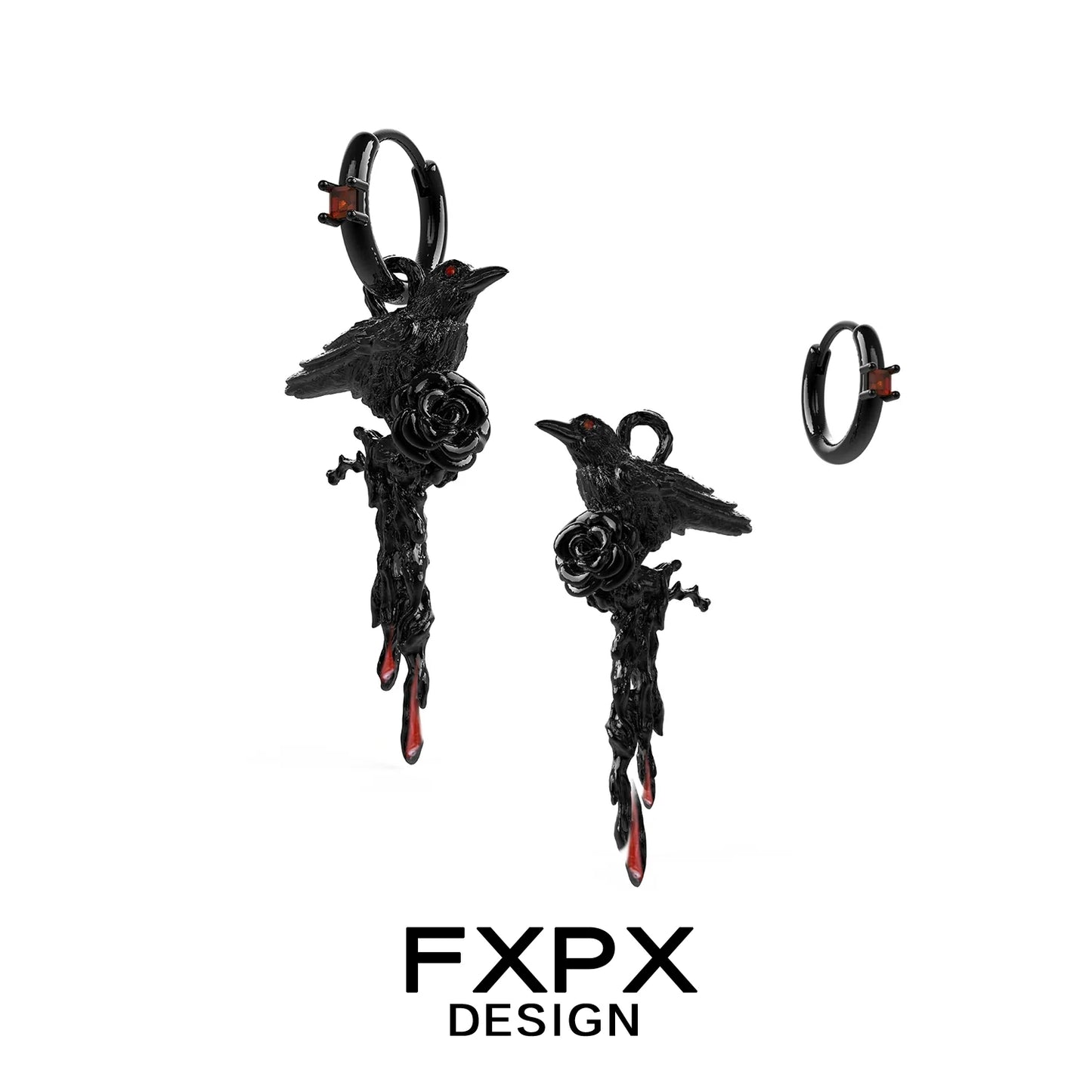 FXPX Y2K dark crow ear cuff with detailed raven design and red accents for an edgy look