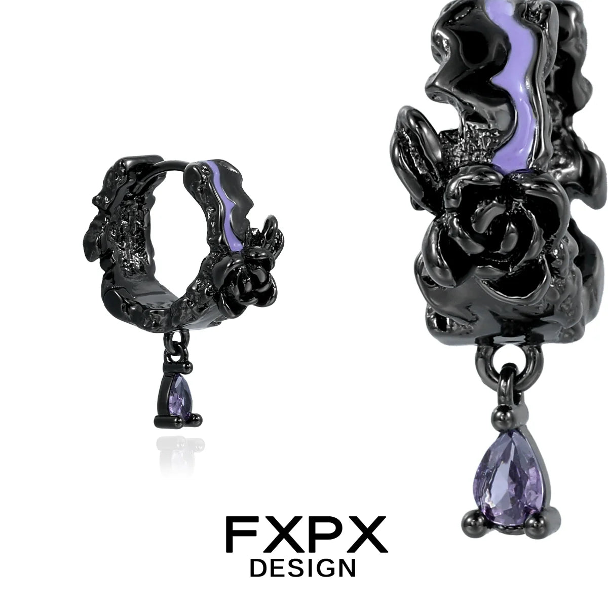 FXPX Y2K dark rose earrings featuring a unique design with purple accents and a drop pendant