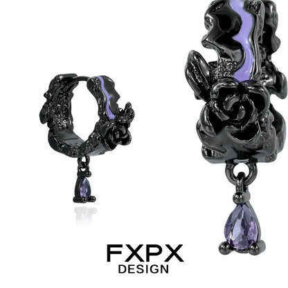 FXPX Y2K dark rose earrings featuring a unique design with purple accents and a drop pendant
