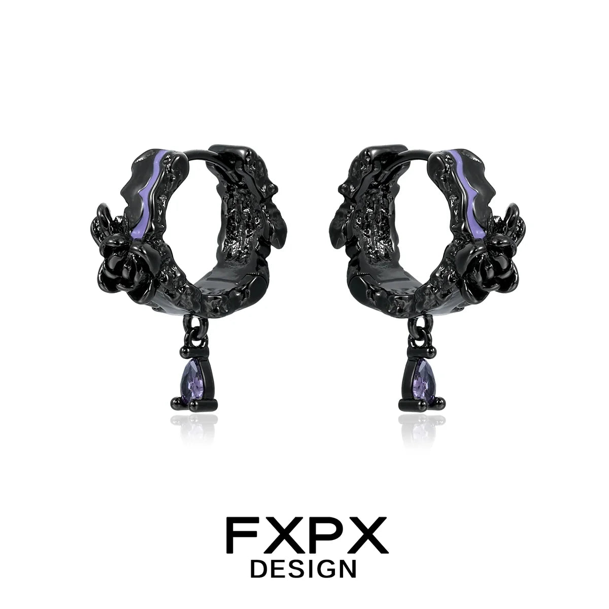 FXPX Y2K dark rose earrings with intricate floral design and purple gemstone detail