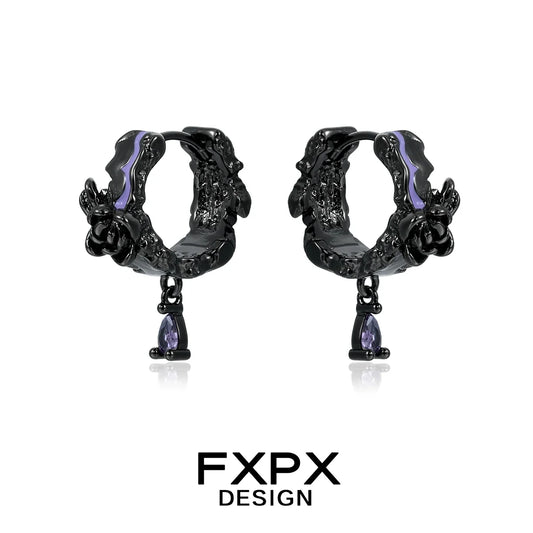 FXPX Y2K dark rose earrings with intricate floral design and purple gemstone detail