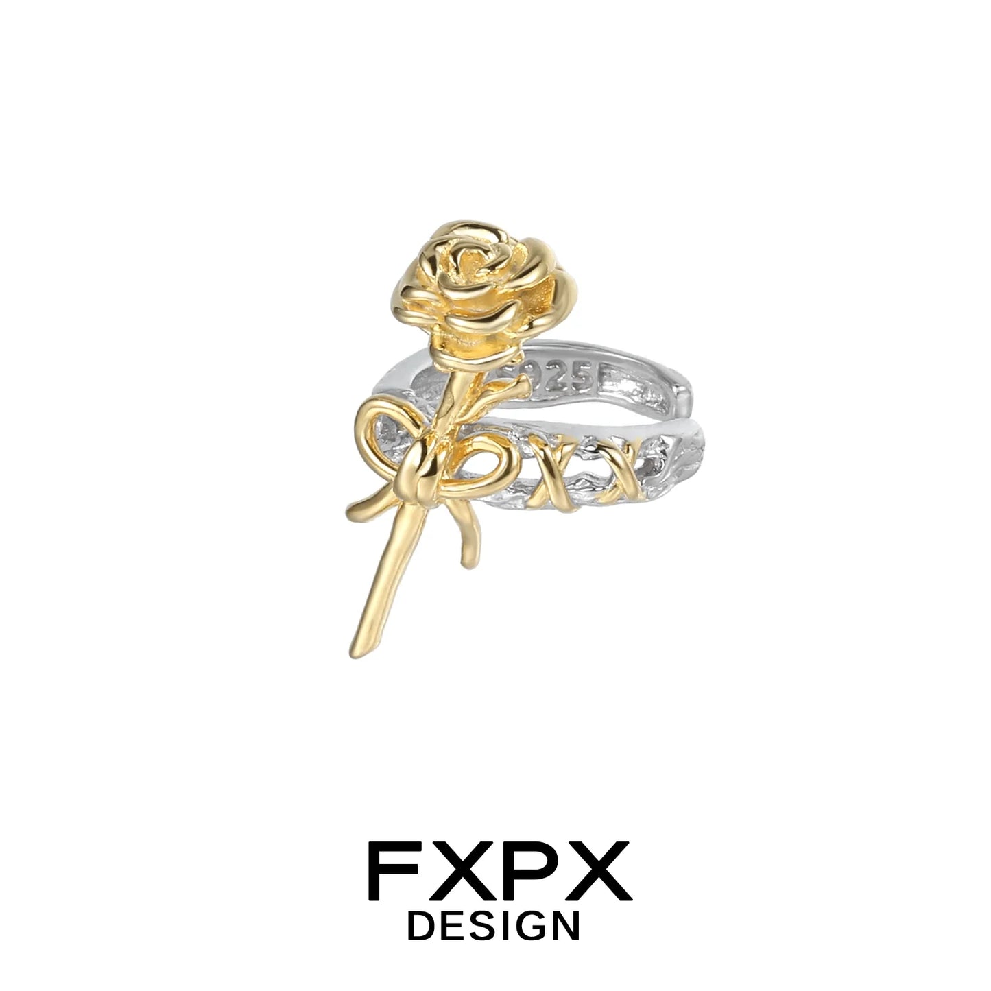 FXPX Y2K golden rose ear cuff featuring a delicate rose and bow design in two-tone metal