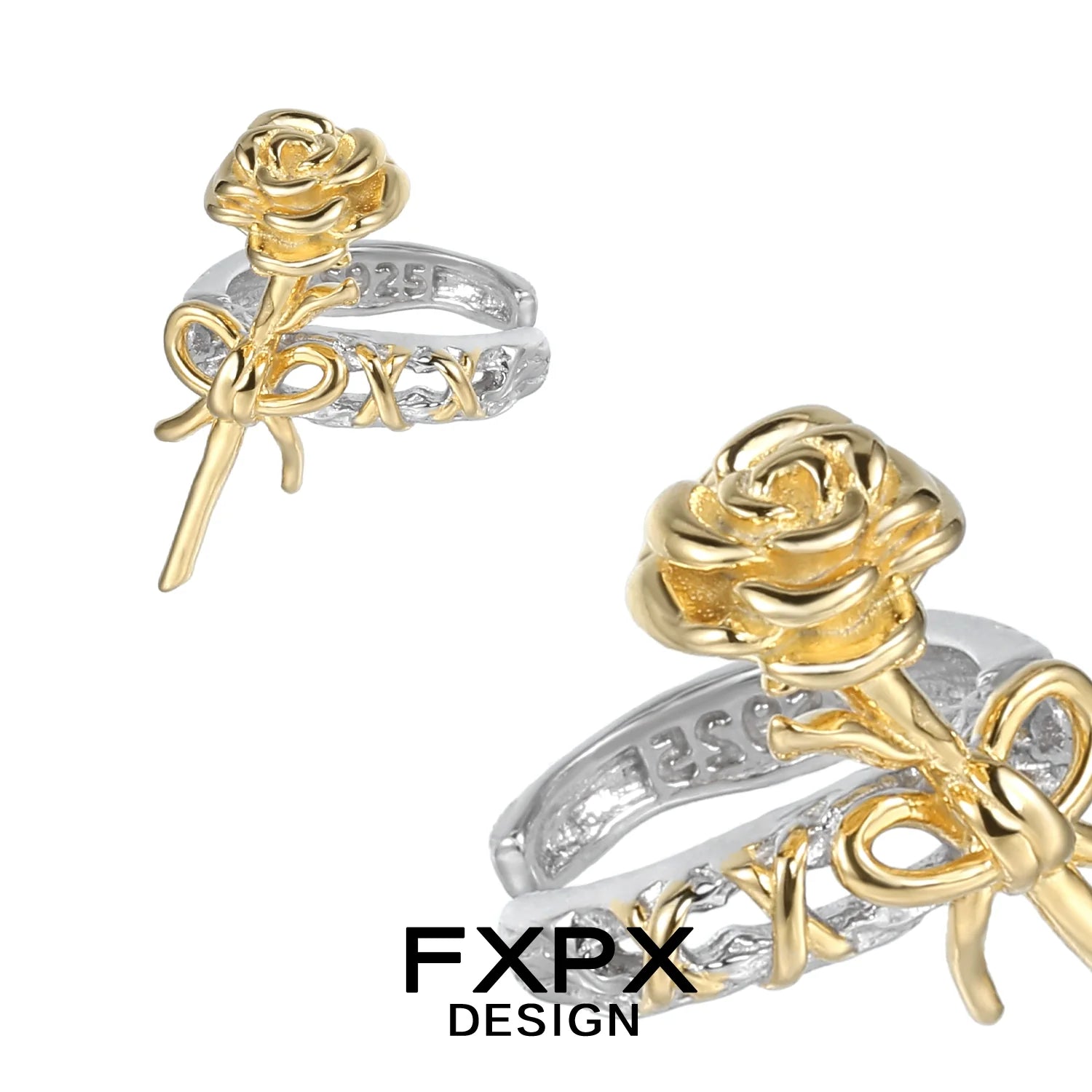 FXPX Y2K golden rose ear cuff featuring a detailed rose design and elegant bow accents