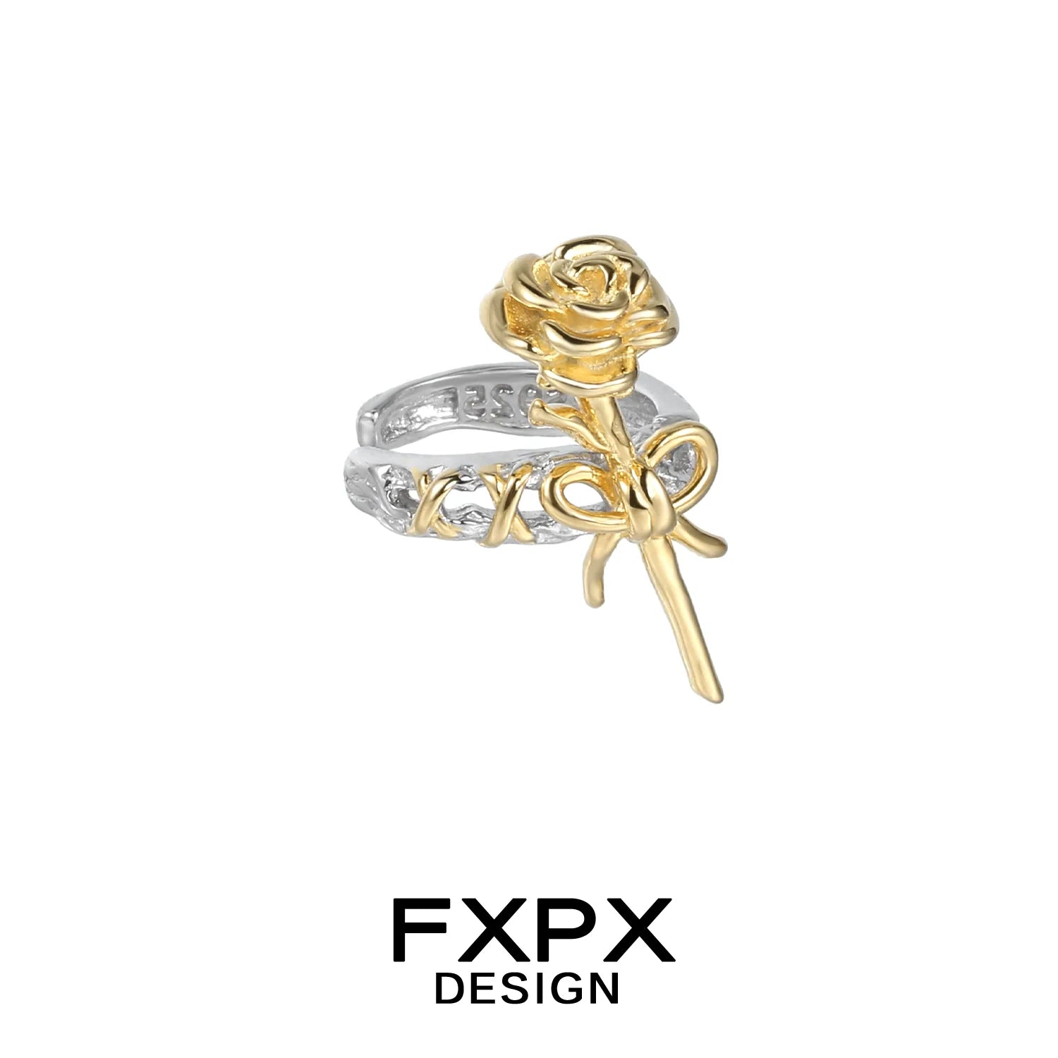 Y2K golden rose ear cuff by FXPX featuring a detailed rose design and elegant ribbon.