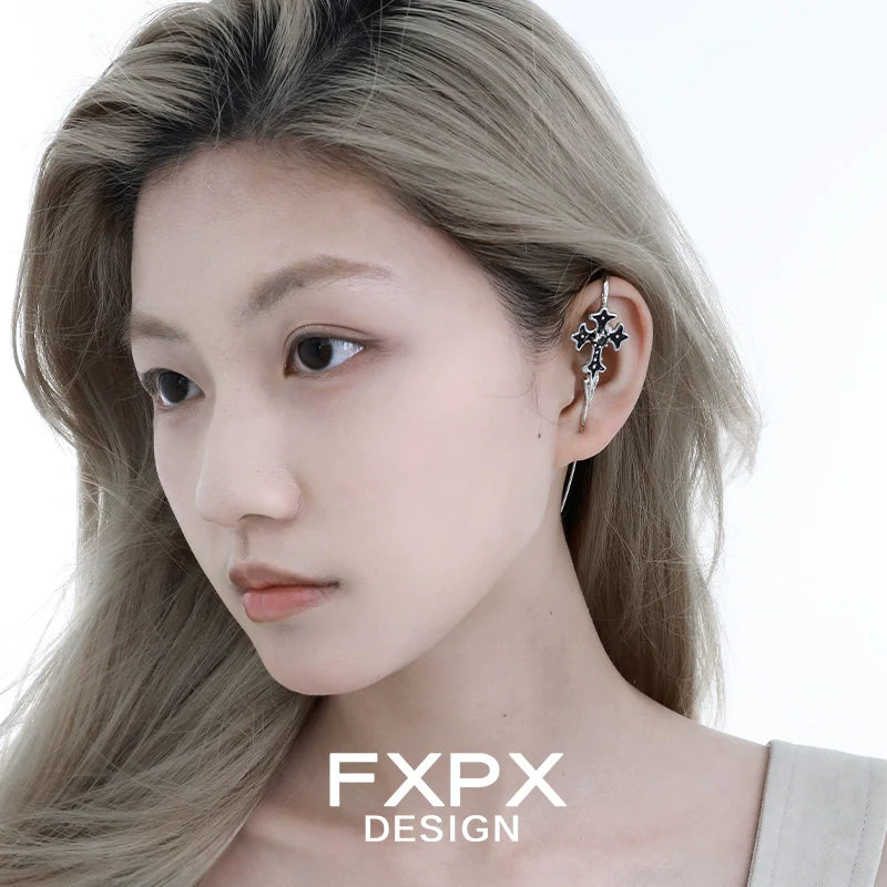 FXPX Y2K gothic cross ear needle earring showcased on a model with sleek hair