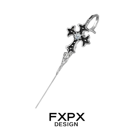 FXPX Y2K gothic cross ear needle with silver finish and decorative rhinestone detailing