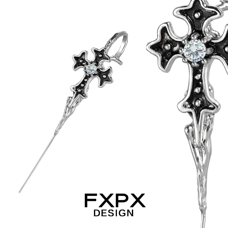 FXPX Y2K gothic cross ear needle adorned with a sparkling crystal for stylish ear piercings